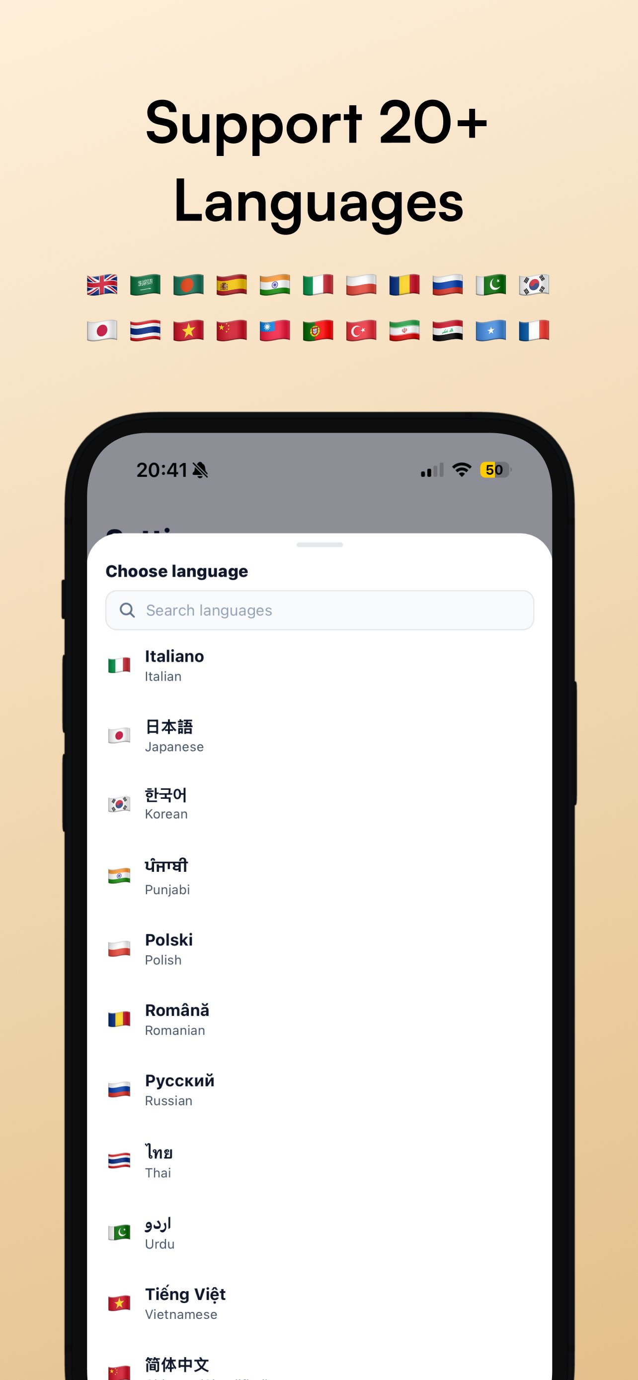 Settings screen for language and voice